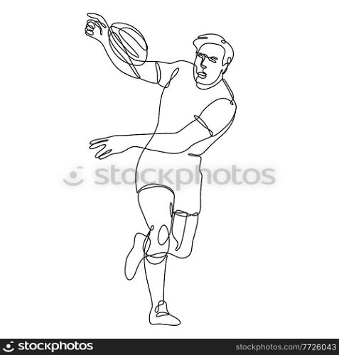Continuous line drawing illustration of a rugby union player running passing ball front view done in mono line or doodle style in black and white on isolated background. . Rugby Union Player Running Passing Ball Front View Continuous Line Drawing