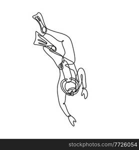 Continuous line drawing illustration of a scuba diver diving down done in mono line or doodle style in black and white on isolated background. . Scuba Diver Diving Down Continuous Line Drawing