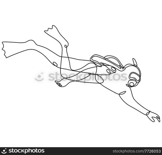 Continuous line drawing illustration of a scuba diver diving down Side