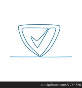 Continuous line drawing illustration of a shield with check mark representing background checking done in sketch or doodle style. . Shield With Check Mark Continuous Line