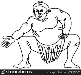 Continuous line drawing illustration of a sumo wrestler or rikishi in fighting stance front view done in mono line or doodle style in black and white on isolated background. . Sumo Wrestler or Rikishi Fighting Stance Front View Continuous Line Drawing