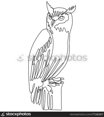Continuous line drawing illustration of a tiger owl or great horned owl perching on tree stump done in mono line or doodle style in black and white on isolated background. . Tiger Owl or Great Horned Owl Perching on Tree Stump Continuous Line Drawing