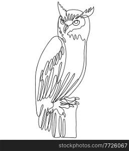 Continuous line drawing illustration of a tiger owl or great horned owl perching on tree stump done in mono line or doodle style in black and white on isolated background. . Tiger Owl or Great Horned Owl Perching on Tree Stump Continuous Line Drawing