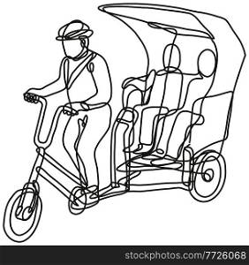 Continuous line drawing illustration of a toktok tok tok or 3 wheel tricycle bike done in mono line or doodle style in black and white on isolated background. . Toktok Tok Tok or 3 Wheel Tricycle Bike Continuous Line Drawing 