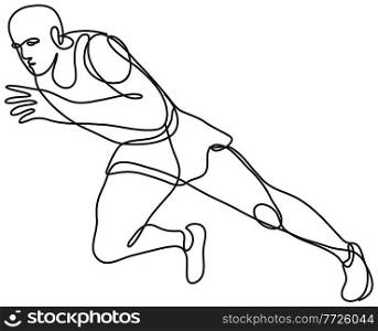 Continuous line drawing illustration of a track and field athlete running start done in mono line or doodle style in black and white on isolated background. . Track and Field Athlete Running Start Continuous Line Drawing  