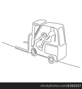 Continuous line drawing illustration of a warehouse operator driver driving a forklift truck viewed from high angle done in sketch or doodle style. . Forklift Truck Continuous Line