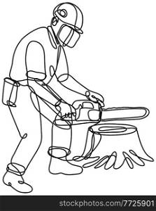 Continuous line drawing illustration of an arborist or tree surgeon with chainsaw done in mono line or doodle style in black and white on isolated background. . Arborist or Tree Surgeon with Chainsaw Continuous Line Drawing