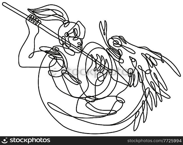 Continuous line drawing illustration of knight with lance and shield fighting dragon done in mono line or doodle style in black and white on isolated background.. Knight with Lance and Shield Fighting Dragon Continuous Line Drawing