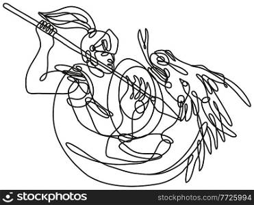 Continuous line drawing illustration of knight with lance and shield fighting dragon done in mono line or doodle style in black and white on isolated background.. Knight with Lance and Shield Fighting Dragon Continuous Line Drawing