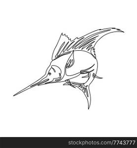 Continuous line drawing illustration of sailfish jumping up done in mono line or doodle style in black and white on isolated background. . Sailfish Jumping Up Continuous Line Drawing  