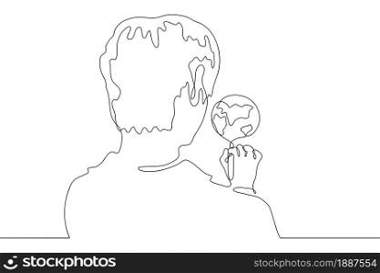 continuous line drawing man draws the earth. Portrait of a young man standing with his back to the viewer. Over the shoulder we see a drawing of the planet earth. It can be used for animation. Vector