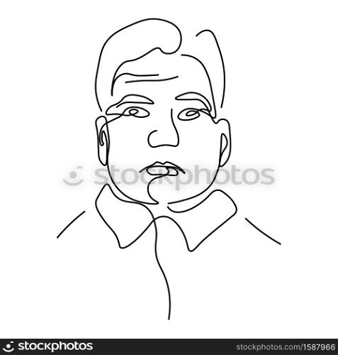 Continuous line drawing, man in shirt, silhouette in back line, face isolated icon vector. Male portrait, half bald hairstyle, wrinkles on forehead. Avatar, outline art, male character features. Man linear portrait, continuous line drawing isolated sketch