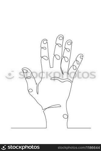 continuous line drawing of a hand holding five fingers waving gesture