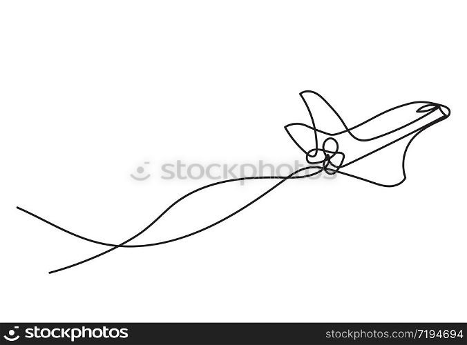 Continuous line drawing of airplane. One line Drawing from the hands of a black thin line on a white background.