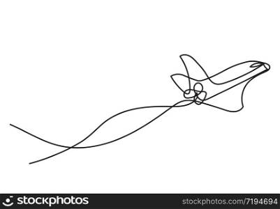Continuous line drawing of airplane. One line Drawing from the hands of a black thin line on a white background.