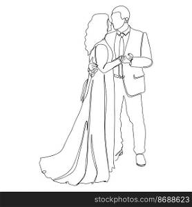 Continuous line drawing of Couples who love each other get married. Newlyweds holding hands, hugging. Element for wedding invitations isolated on white background. Happy wedding cards. Newlyweds Bride and groom. Continuous line drawing of Couples who love each other get married. Newlyweds holding hands, hugging. Element for wedding invitations isolated on white background. Vector illustration