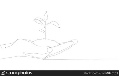 continuous line drawing of hand showing growing plant.. continuous line drawing of hand showing growing plant