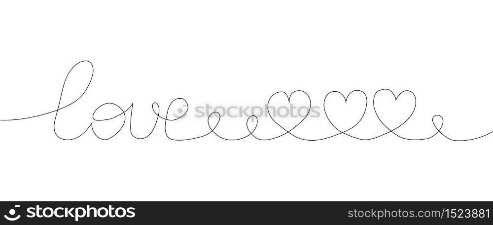 Continuous line drawing of heart and word LOVE, Black and white minimalist illustration of love concept made of one line