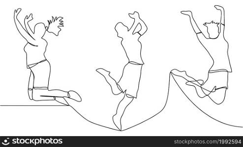 continuous line drawing of jumping happy team members. continuous line drawing of four jumping happy team members