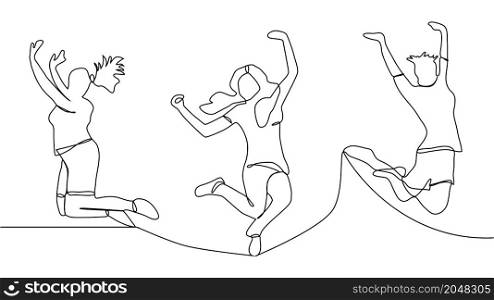 continuous line drawing of jumping happy team members. continuous line drawing of four jumping happy team members