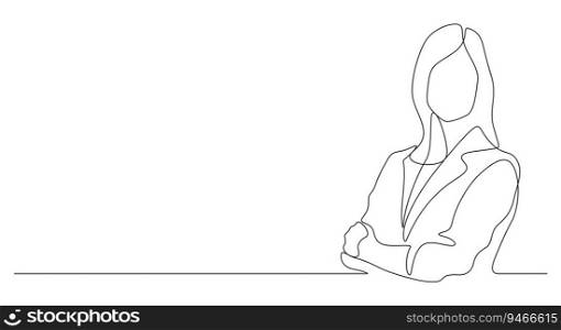 continuous line drawing of long hair woman leader arms crossed pose with bold and confident expression vector business concept