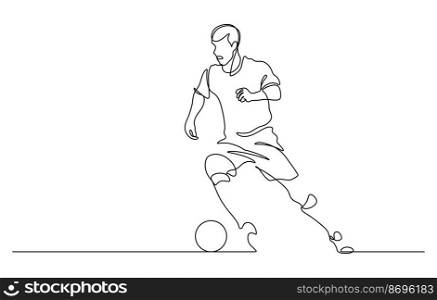 continuous line drawing of man playing football and dribble possession vector illustration