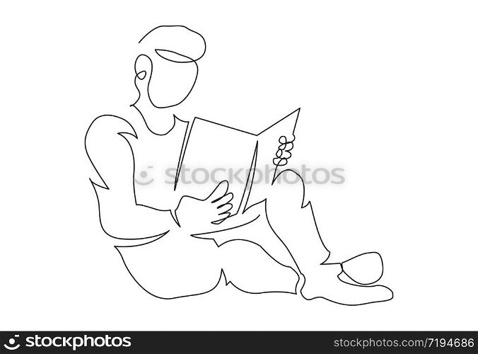 continuous line drawing of man sitting on floor reading book