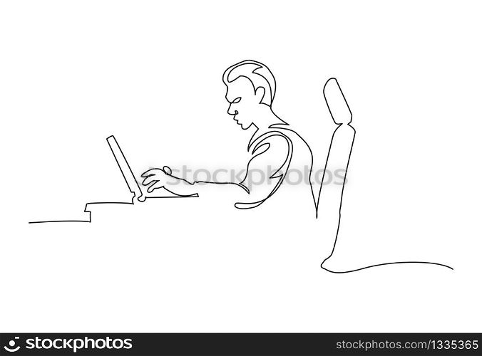 continuous line drawing of office worker concentrated behind computer