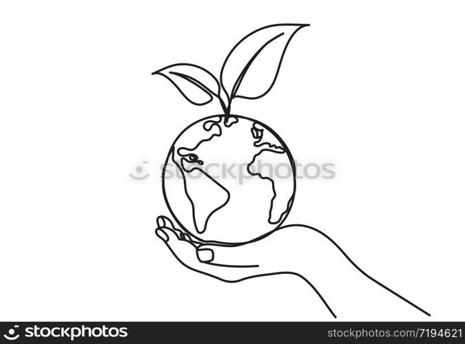 continuous line drawing of planet earth and tree leaf