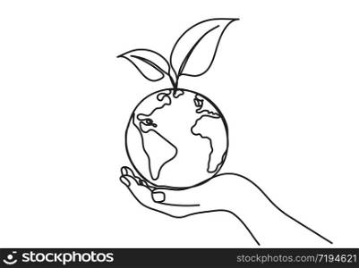 continuous line drawing of planet earth and tree leaf