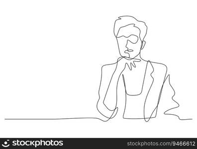 continuous line drawing of short hair woman leader hand on chin pose with bold and confident expression vector business concept