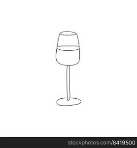 Continuous line drawing of sweet, dry wine glass with liquid. Wine lovers. Minimalist black linear sketch. Poster, print, menu design, coloring. Outline, doodle style. Hand drawn vector Illustration.