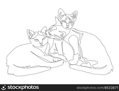 Continuous line drawing of the three kitten, love emotion, isolated on white background. vector illustration.