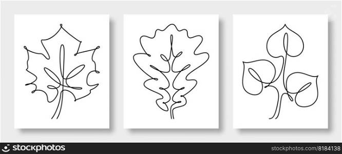 Continuous line drawing of vector leaves maple, oak, linden. Perfect for home decor such as posters, wall art, t-shirt, sticker, mobile phone case, cards and more. Vector illustration.. Continuous line drawing of vector leaves maple, oak, linden. Vector illustration.