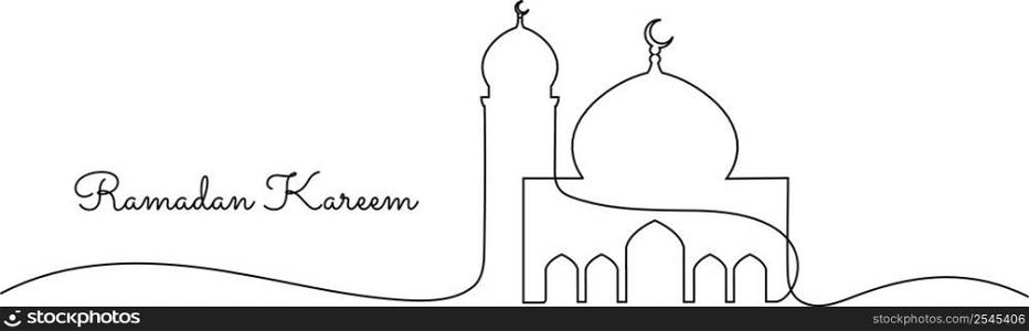 Continuous line drawing ramadan kareem banner mosque isolated on the white background,illustration EPS10.