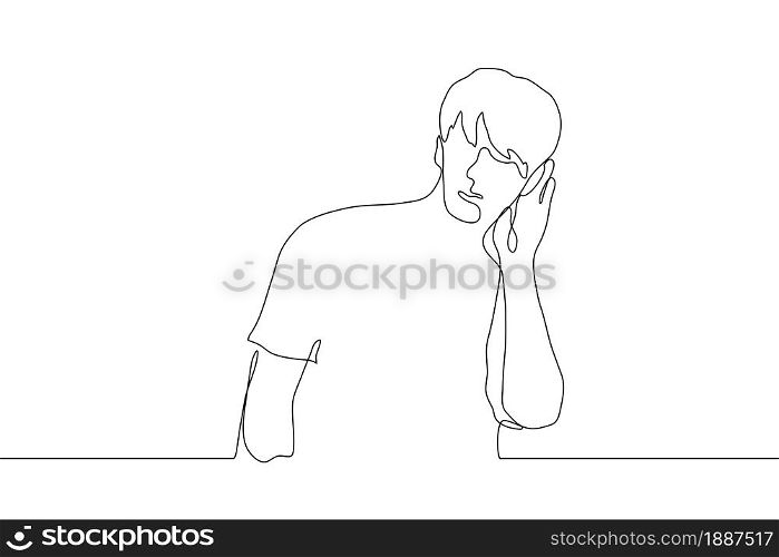 continuous line drawing the silhouette of a man who put his hand to his ear to hear better. Hearing problems, eavesdropping on gossip, poor communication. It can be used for animation. Vector