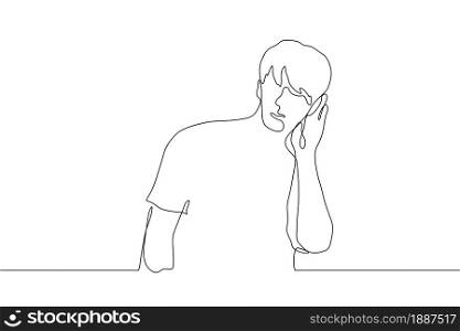 continuous line drawing the silhouette of a man who put his hand to his ear to hear better. Hearing problems, eavesdropping on gossip, poor communication. It can be used for animation. Vector