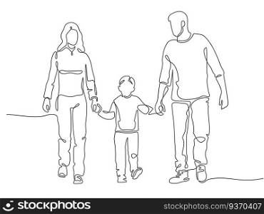 Continuous line family. Happy mother, father and child walking. Linear silhouette of couple with kid. Family protect outline vector concept. Happy childhood, parents holding hands with son. Continuous line family. Happy mother, father and child walking. Linear silhouette of couple with kid. Family protect outline vector concept