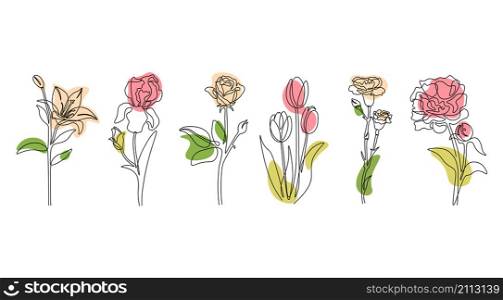Continuous line flowers. Abstract modern one line minimalistic spring and summer flowers in row, simple hand drawn botanical art. Vector illustration modern sketch natural growing flowers. Continuous line flowers. Abstract modern one line minimalistic spring and summer flowers in row, simple hand drawn botanical art. Vector illustration