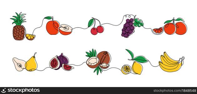 Continuous line fruits. Exotic colored coconut pineapple pear grape orange and bananas. Vector sweet fruits one line set elements juicy berries fruit dessert gourmet. Continuous line fruits. Exotic colored coconut pineapple pear grape orange and bananas. Vector sweet fruits one line set
