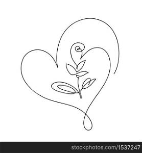 Continuous line hand drawing calligraphic vector flower with heart. Concept logo beauty. Monoline spring floral design element in minimal style. Valentine love concept.. Continuous line hand drawing calligraphic vector flower with heart. Concept logo beauty. Monoline spring floral design element in minimal style. Valentine love concept
