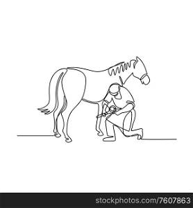 Continuous line illustration of a farrier working on a horse, trimming hoof done in black and white monoline style.. Farrier and Horse Continuous Line