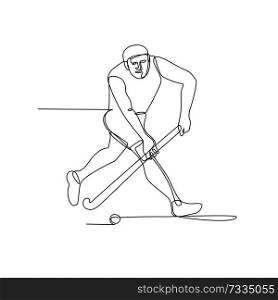 Continuous line illustration of a field hockey player with hockey stick running about to hit ball done in black and white monoline style.. Field Hockey Player Continuous Line