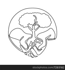 Continuous line illustration of a hand holding a tree on palm of hand set inside oval shape done in monoline style black and white.. Tree on Palm of Hand Continuous Line