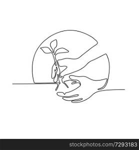 Continuous line illustration of a hand planting a tree seedling set inside circle shape done in monoline style in black and white.. Hand Planting Tree Seedling Continuous Line
