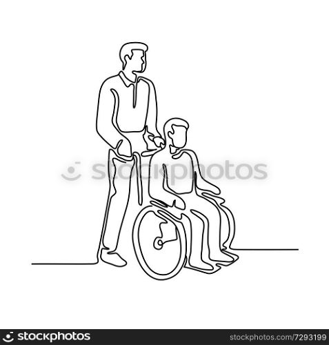 Continuous line illustration of a hospital patient or disable person with handicap sitting or being push on wheelcahir by a male nurse done in monoline style.. Patient on Wheelchair Continuous Line