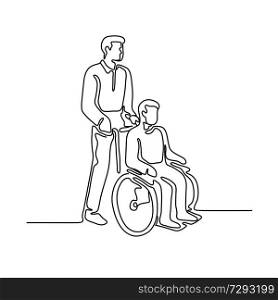 Continuous line illustration of a hospital patient or disable person with handicap sitting or being push on wheelcahir by a male nurse done in monoline style.. Patient on Wheelchair Continuous Line