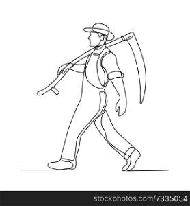 Continuous line illustration of an organic farmer walking carrying a scythe viewed from side done in black and white monoline style.. Organic Farmer Walking Scythe Continuous Line