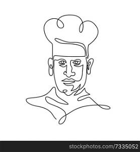 Continuous line illustration of head of a chef, cook or baker wearing toque hat viewed from front done in black and white monoline style.. Chef Wearing Toque Hat Continuous Line
