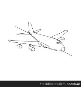 Continuous line illustration of jumbo jet passenger plane airliner or airplane flying in full flight in mid-air done in black and white monoline style.. Jumbo Jet Plane Airliner Continuous Line